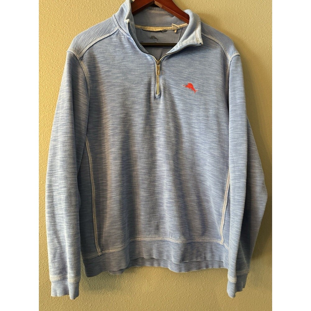 Tommy Bahama Quarter Zip Pullover Mens M Blue Pima Cotton Tencel Marlin logo